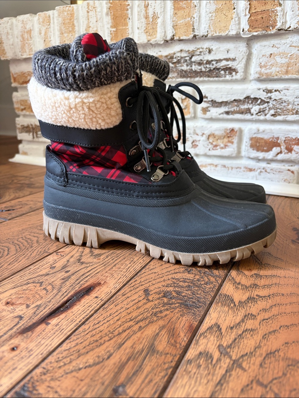 Storm by Cougar Women's Black & Red Plaid Winter Duck Boots with Cream Shearling